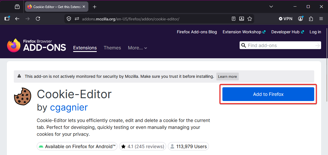 Cookie-Editor listing on the Firefox Add-ons page, Add to Firefox button highlighted
