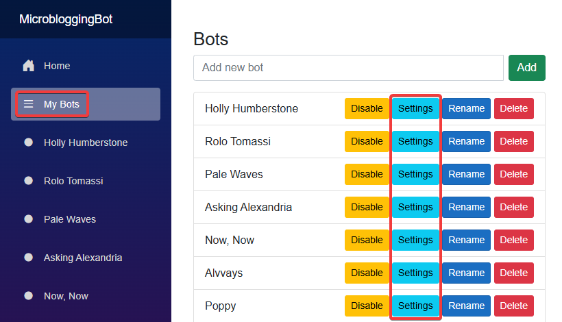 microbloggingbot.eu with My Bots in the left sidebar and the Settings button highlighted