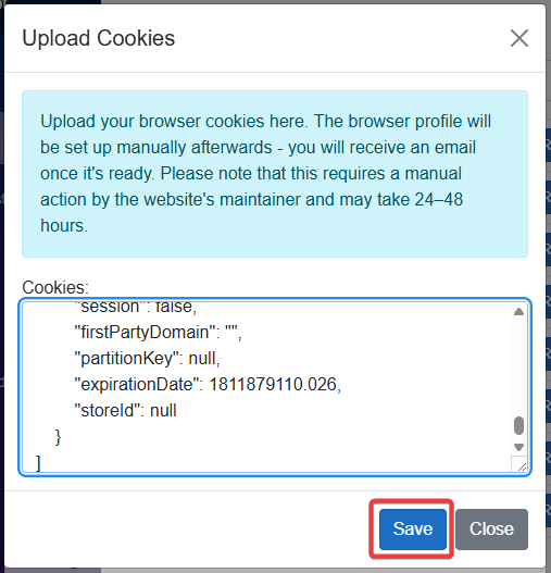 Cookies pasted into the text field, Save button highlighted