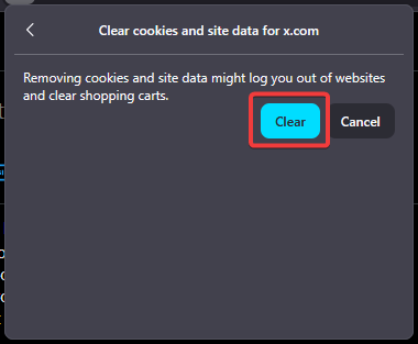 Confirmation dialog with Clear button highlighted
