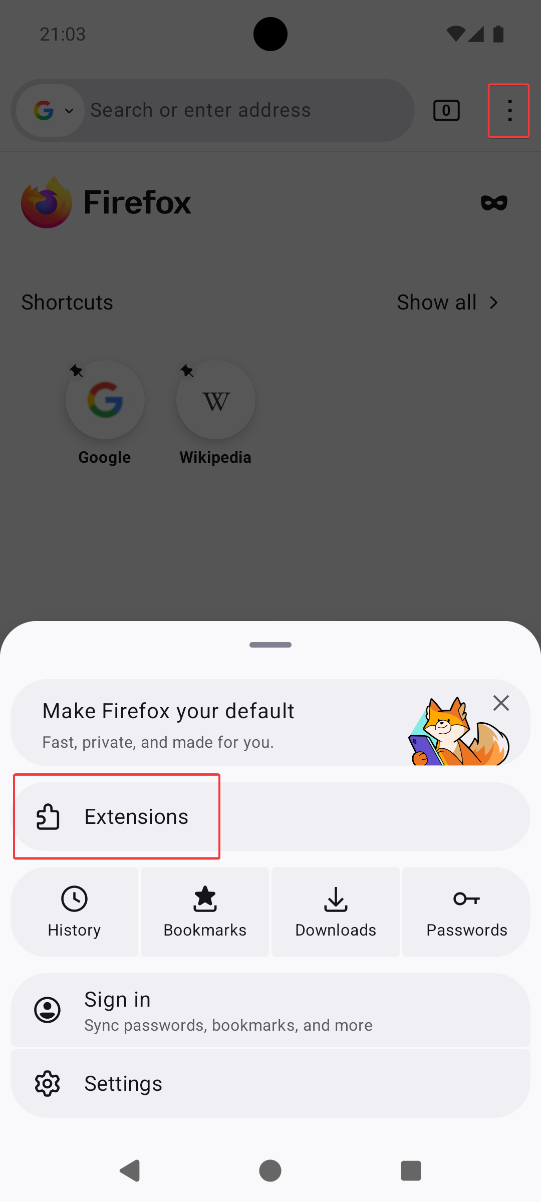 Firefox three-dot menu open with three-dot button and Extensions highlighted