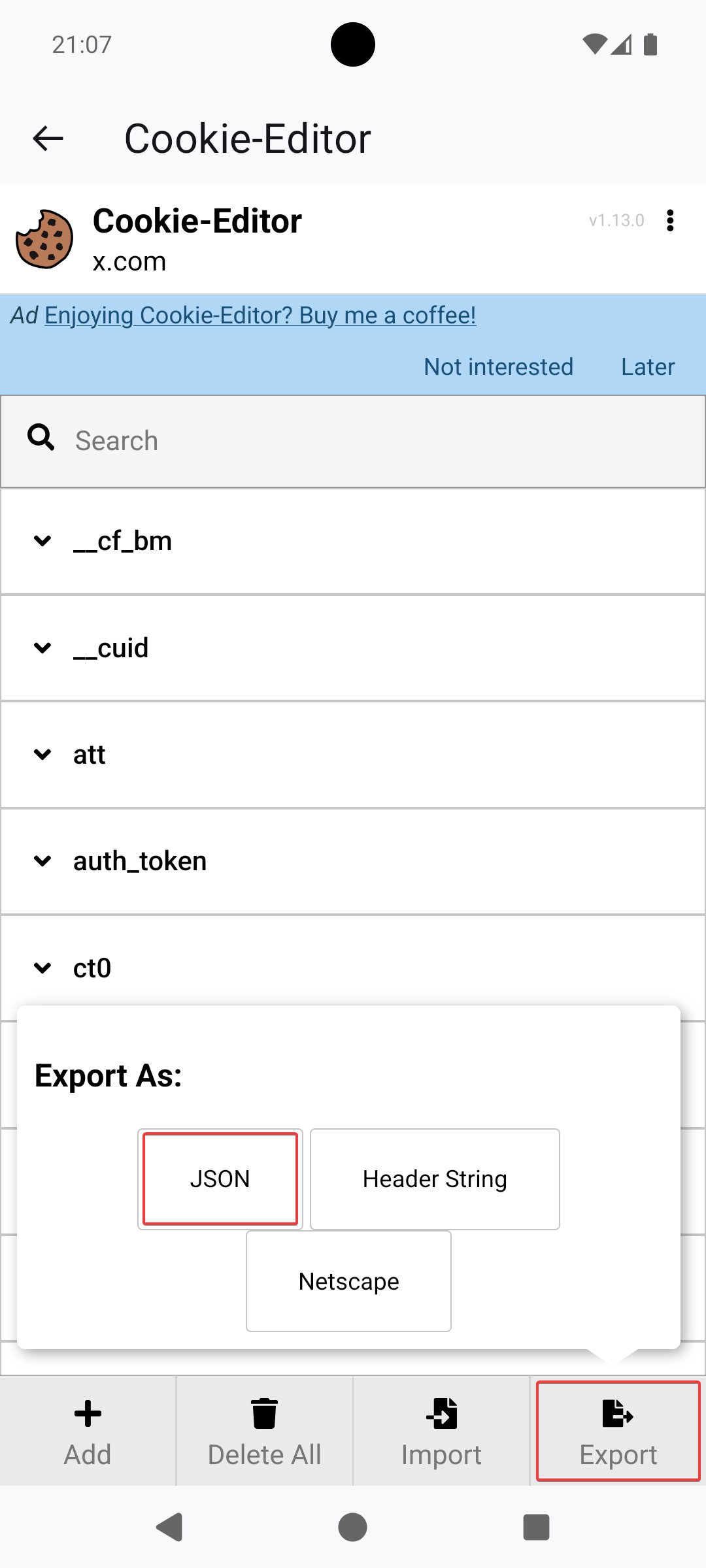 Cookie Editor open on twitter.com, Export and JSON highlighted