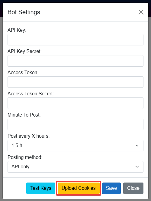 Settings modal open with Upload Cookies button highlighted