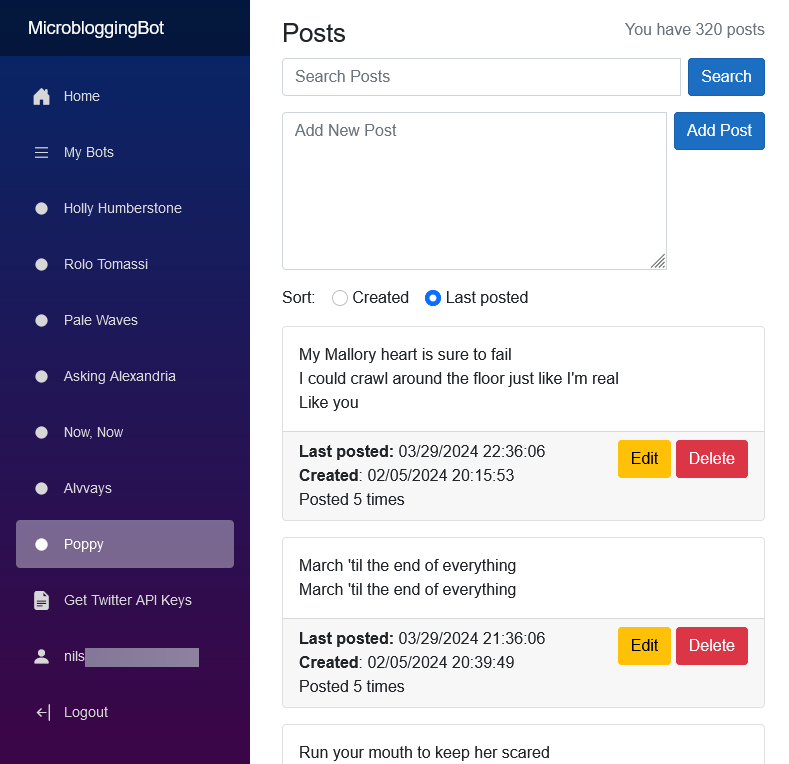 MicrobloggingBots Posts Screenshot